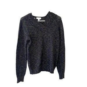 Vtg Great Northwest Womens Black Sweater Large Speckle Knit Ribbed V Neck